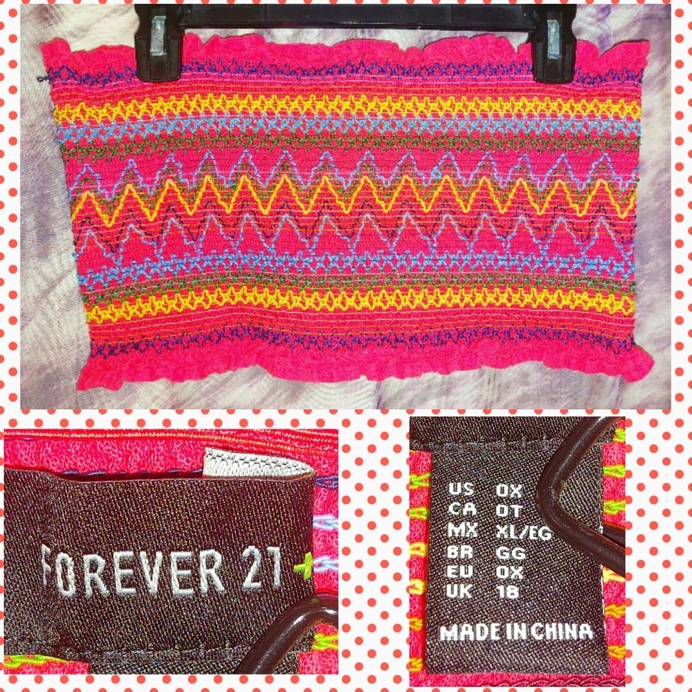 Forever 21 Red/Multiclr Zig Zag Design Sleeveless Smocked Crop/Bandeau Top Sz 0X